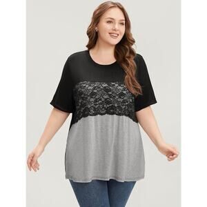Plus Size Lace-Accent Colorblock Top - Black & Gray